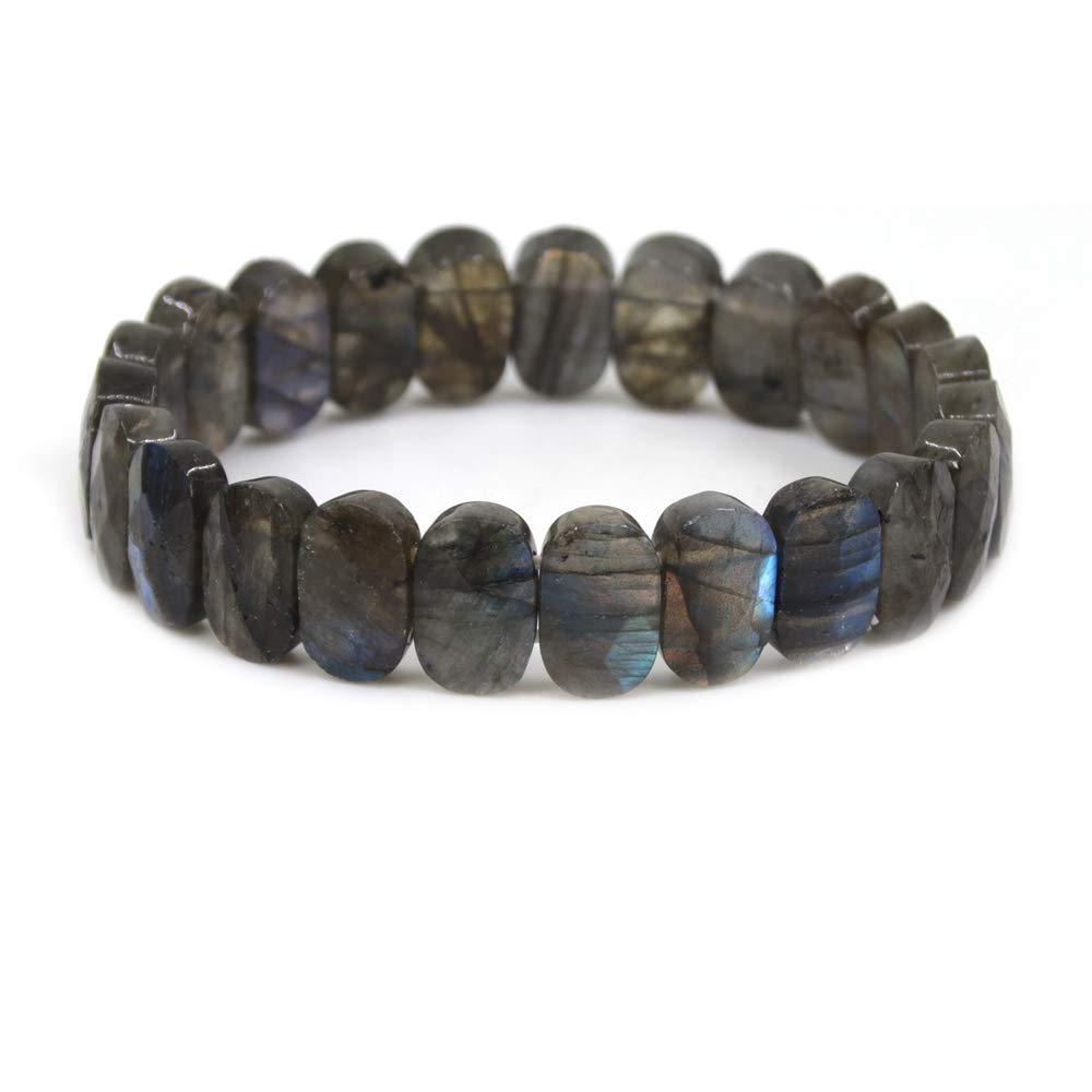 CHENYUE Natural Labradorite Gemstone 14mm Faceted Oval Beads Stretch Bracelet 7.5 Inch Unisex