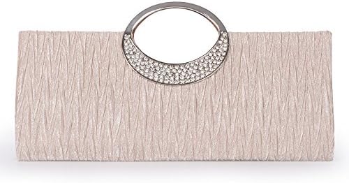 Emour Lady Sateen Pleated Prom Party Wedding Clutch Purse handbag embellished with Rhinestone Ring (Champagne)