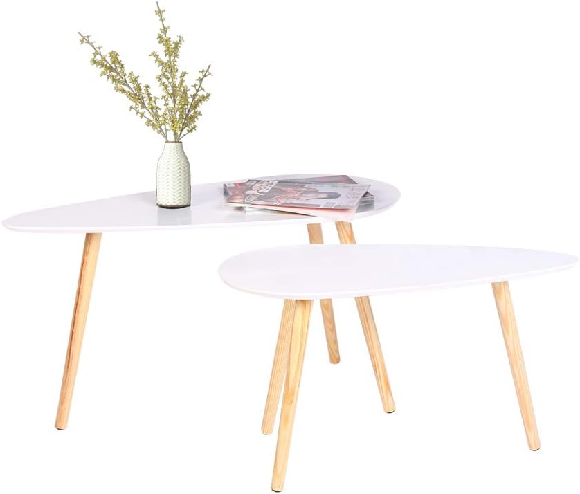 Set of 2 Coffee Tables White Wooden Sofa tables for Living Room Round Nesting Tables Set Side Tables for Balcony Reading tables for Children with B85*T50*H45cm/ B70*T35*H40 cm