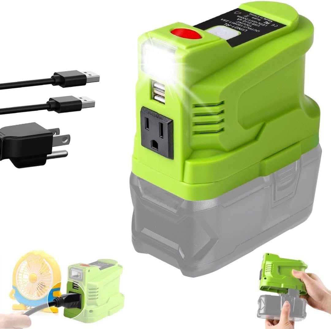 Photo 1 of 150W USB Phone Charger Adapter for Ryobi 18V Battery, URUN DC 18V to AC 120V Inverter Generator, 120V Power Source Adapter for Ryobi with Dual USB & LED Light & AC Outlet(No Battery)