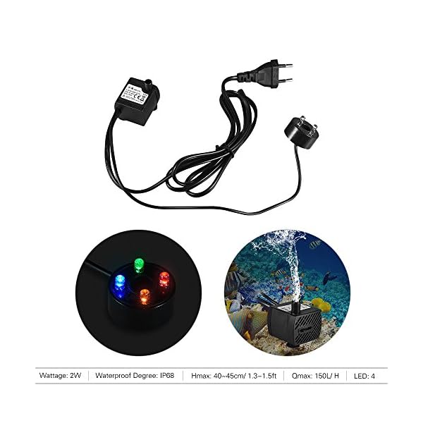 Decdeal Pompa Sommersa dell'Acqua con 4 LED per Acquario Stagno Pesci Vasca da Tavolo Fontana Idroponica 4.9 ft (1.5 m)