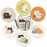 Cute Coasters Set of 6 Coffee Table Ceramic Coasters on Cork Base with Holder Coaster Unique Cat Themed Gifts Kawaii Anime Absorbent Table Protector for Drink Coaster Bar Home Decor for Cat Lovers