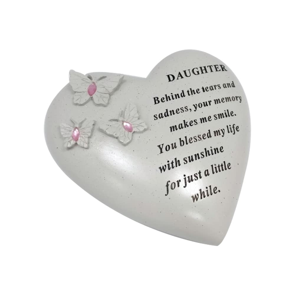 Personalised Grave Ornament/Memorial Plaque with Heart With 3 butterflies & Blue Gems | Graveside Decoration Gift in the Loving Memory of your Loving Deceased Ones (Daughter)