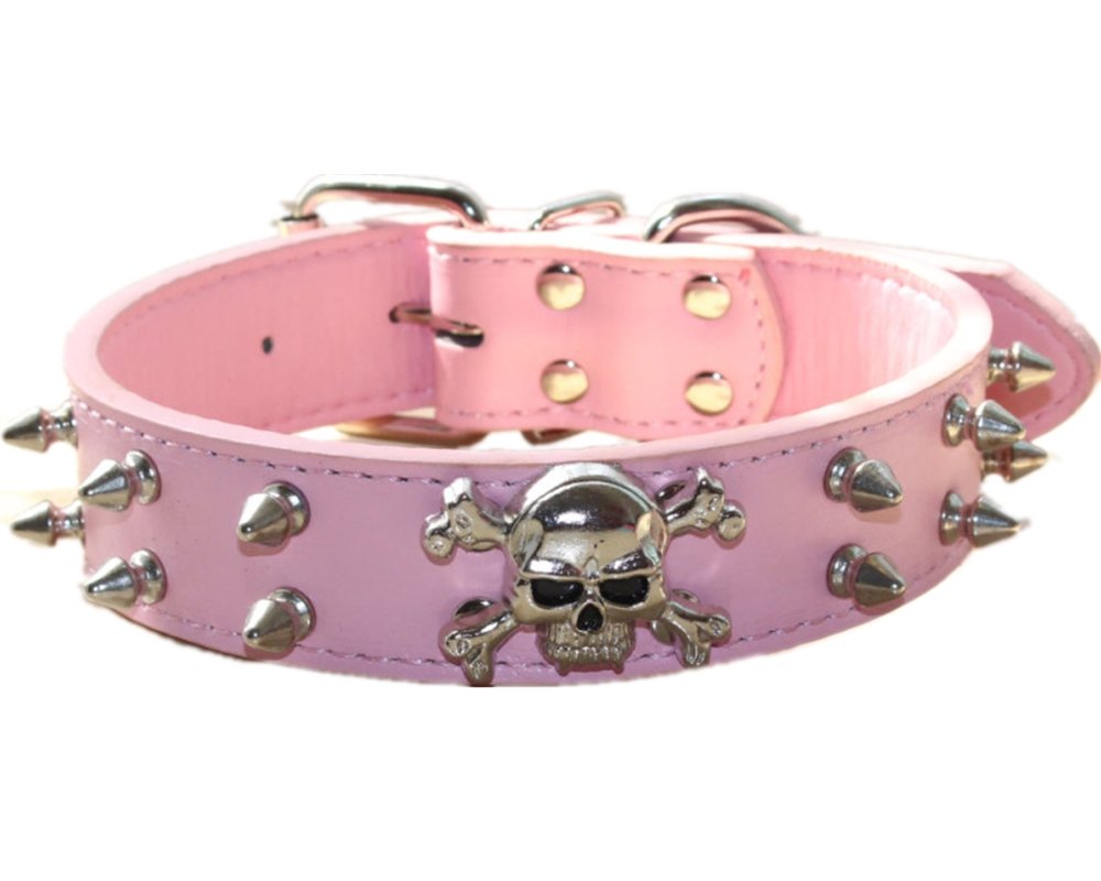 haoyueer Spiked Leather Dog Collar - 2 Rows Bullet Rivets Studded PU Leather - Cool Skull Pet Accessories for Medium and Large Dogs … (L, Pink)