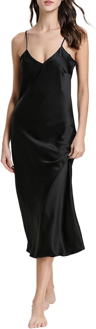 Women's Sexy Satin Deep V-Neck Adjustable Spaghetti Strap Sleeveless Long Nightgown