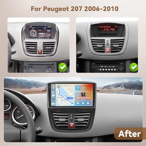 Hikity Android 15 4+128GB Car Radio Carplay for Peugeot 207 2006-2010 Aves 9" Touch Screen Incell, Auto Radio Aves Wireless Carplay Android Auto, BT/WiFi/FM/RDS+Backup Camera+MIC