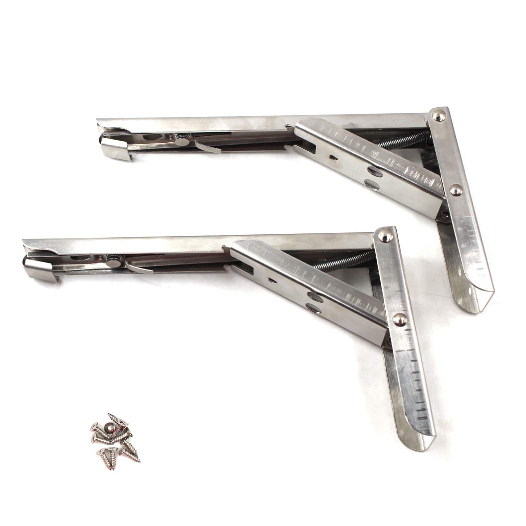 14 inch Polished Heavy Duty Stainless Steel Folding Shelf Bench Table Folding Wall Shelf Brackets for Kitchen,Bathroom,Bookshelves,Beds and Other Furniture,Load:132lb/60KG