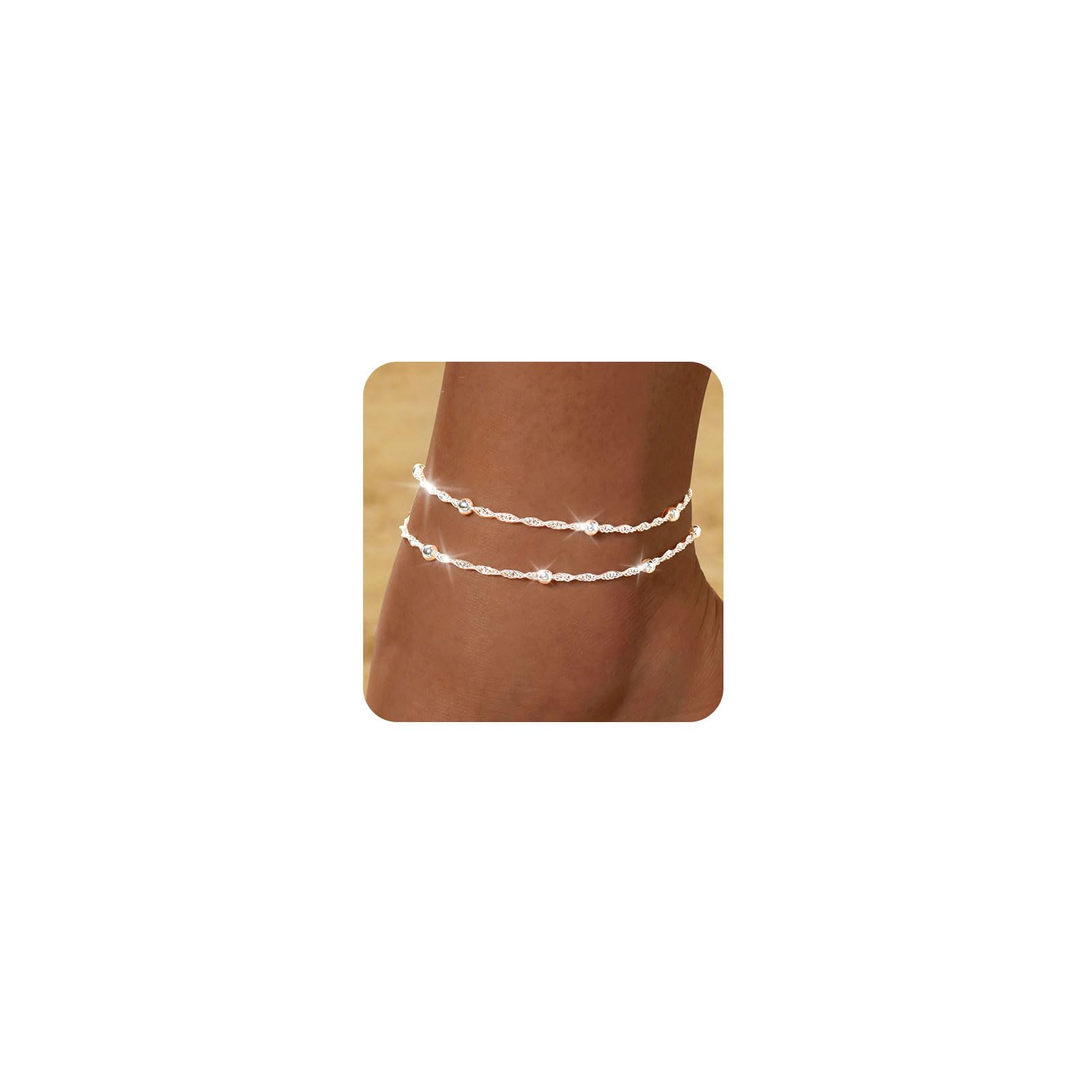 FUNEIA Gold Silver Ankle Bracelets for Women Waterproof 14K Gold Plated Anklets for Women Non Tarnish Dainty Layered Beaded Heart Anklet Set Summer Beach Foot Chain Jewelry Gifts Trendy Stuff