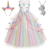 Yipkorra Unicorn Dress for Girls Unicorn Costume Pageant Princess Party Birthday Long Gown with Unicorn Headband & Necklace