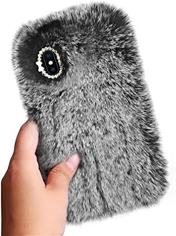 iPhone X Furry Case, MoMo Casier Luxury Bling Diamond Soft Winter Warm Faux Rabbit Fur Fuzzy Plush with Cute Crystal Bow Knot Back Holder Cover for Girls Women Birthday Xmas Gift, Gray