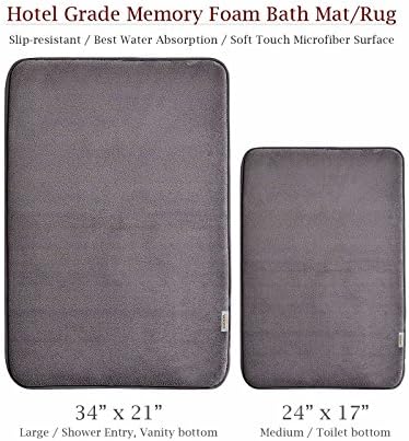 WELLAND 2-Piece Slip-Resistant Maximum Absorbency Super Soft Memory Foam Bath Mat and Shower Rug, 34'' x 21'' &amp; 24'' x 17'', Gray