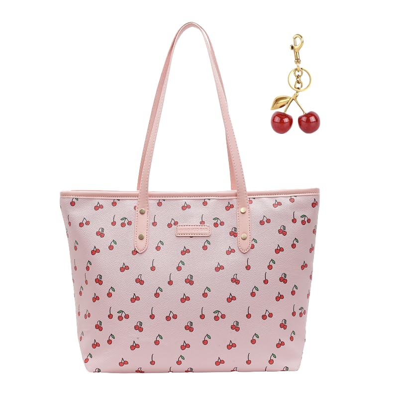 Photo 1 of hibear Cherry Print Tote Bag for Women Bow Shoulder Handbag Trendy Faux Leather Top-Handle Bag with Cherry Accessories