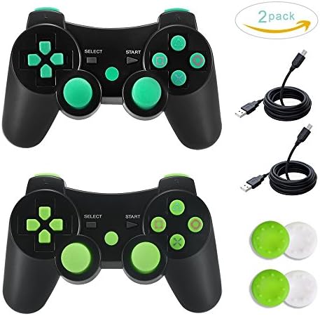TONSUM 2 Pack Bluetooth Dualshock3 Joystick Game Remote Sixaxis Control Gamepad Heavy-duty Game Accessories for PlayStation3 with Charger Cable (Blue and Green)