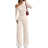 Trendy Queen Womens 2 Piece Off Shoulder Asymmetrical Matching Lounge Sets | Vacation Airport Travel Cute Fall Outfit, Fitted Long Sleeve Shirts with Buckle, Wide Leg Pants, 2026 Y2K Slim Fit Ruched Top
