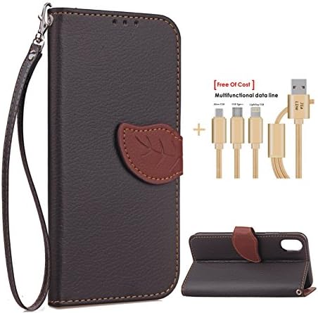 SongNi®+Free Gifts Multifunctional Data Line PU Leather Wallet Case,Leaf shape Magnetic Closure,Card Slot,Wallet,Stand,Flip leather Case for iPhone X-Black