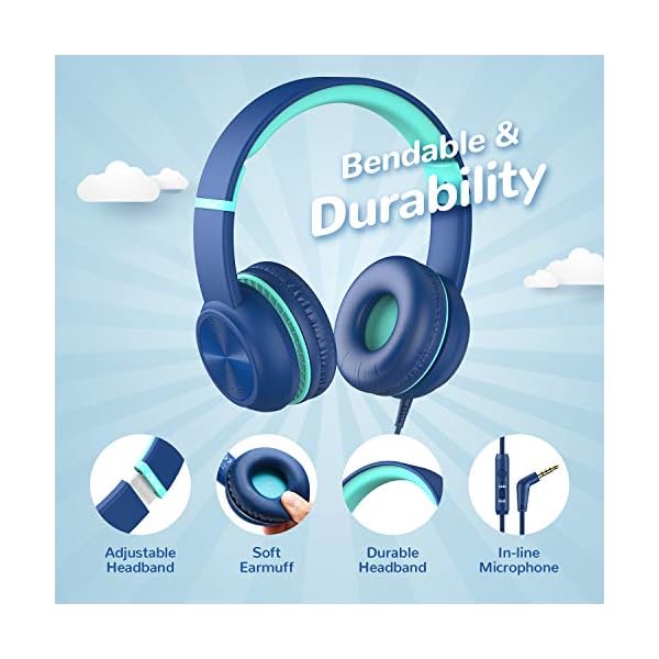 Kids-HeadphonesiClever-Children-Headphone-Over-EarOptional-Volume-Limiter-with-Mic-Foldable-35mm-Aux-Nylon-Cable-Children-Headphones-On-Ear-for-iPad-Tablet-Airplane-School-Blue iClever Kids Headphones, Children Headphone, Volume Limiter with Mic, Foldable Headphones, 3.5mm Aux Nylon Cable…