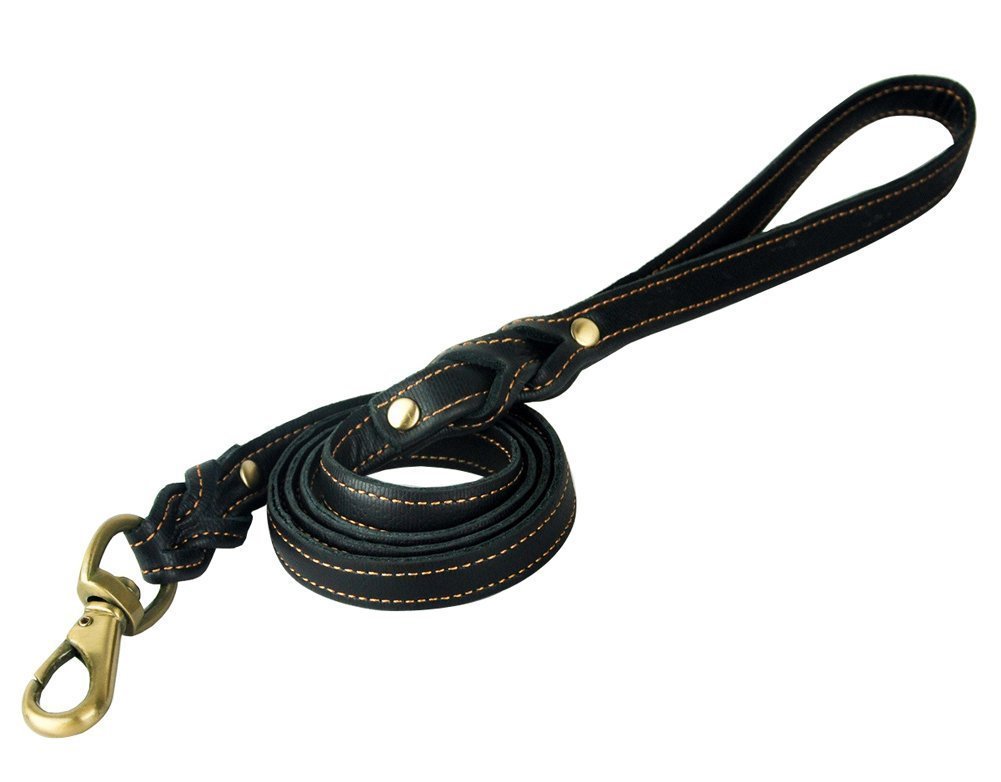 Rantow Durable Braided Soft Strong Leather Pet Cat Dog Rope 4ft Long 3/5 Inch Wide Training Lead Dogs Walking Leash (Black)