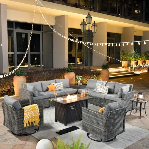 ovios 11 Piece Outdoor Patio Furniture Set with Fire Pit Table,Conversation Sectional Wicker Couch with Swivel Chairs,Modern Outside Sofa for Balcony Backyard, Dark Grey