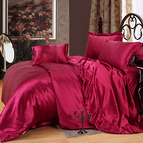 uxcell Wine Red Satin Silk Like Solid Color Bedding Set Duvet Cover Silk Pillowcase Silk Sheet