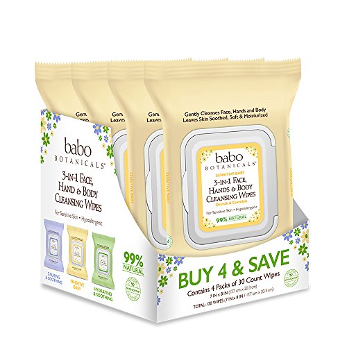 Babo Botanicals Moisturizing 3-in-1 Face, Hand & Body Cleansing Wipes - with Organic Calendula & Natural Oat - For Babies, Kids & Adults with Sensitive or Dry Skin - 30 Count (Pack of 4)