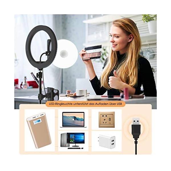 LED Ringlicht mit Stativ,10 Zoll Ringleuchte mit 3 Farbe und 10 Helligkeitsstufen, Fernbedienung USB-betrieben… – Bild 3