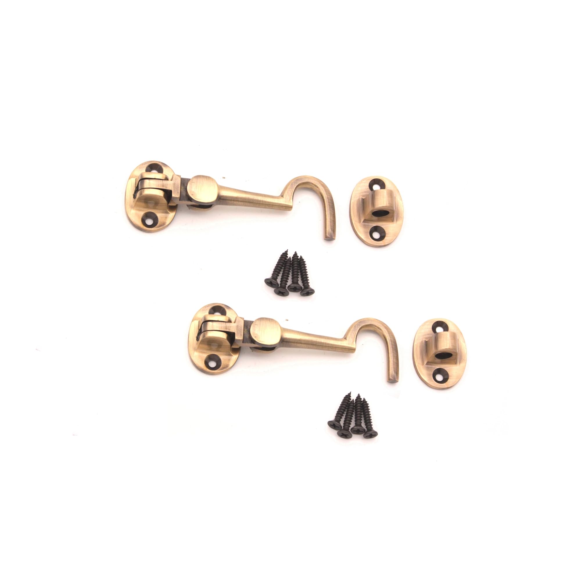 Pack of 2, 3" (75mm) Heavy Duty Brass Cabin Hook & Eye Silent Catch/Latch/Holder/Back Gate/Shed/Patio Door in Various Finishes (Antique)
