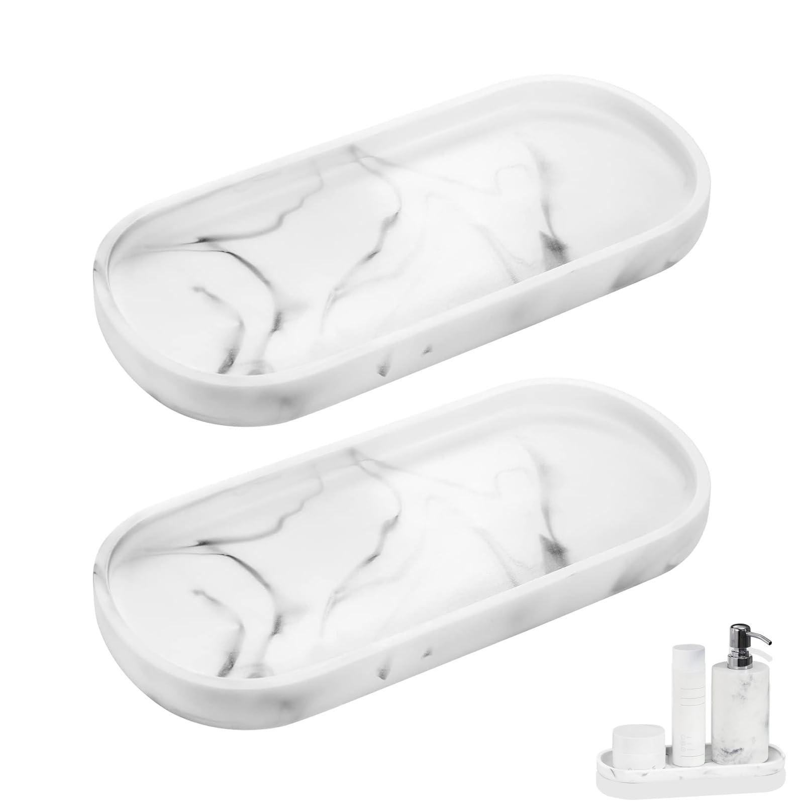 XINSUO® 2 Pieces Oval Shatterproof Bathroom Tray,Trays for Cosmetics,Silica Vanity Tray,For candles,Small Cosmetics,Easy to clean and reusable(25 x 11 cm,Marble white)