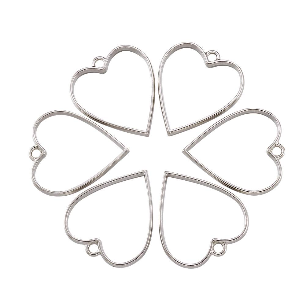 Pandahall 10pcs Alloy Heart Open Back Bezel Pendants Rack Plating 34x30.2x3.7mm Hollow Frame Pendants for DIY Resin Pressed Flower Jewelry (Silver)