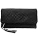BMC Womens Midnight Black Textured PU Faux Leather Quilted Pattern Triple Compartment Zipper Tassel Fashion Clutch Handbag