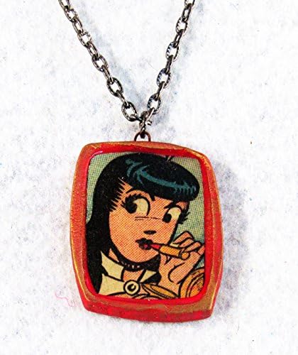 1.5" Comic Book Necklace Veronica Applying Lipstick The Archies Riverdale Gang Frame Style Pendant Retro Upcycled Jewelry Pop Culture 24" Gunmetal Chain Ceramic Handmade Clay Art