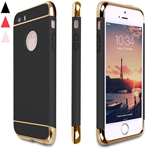 iPhone 5 Case,iphone 5S Case, iPhone SE Case, HonKzi 3 In 1 Ultra Thin and Slim Hard Plastic Back Cover with Electroplate Metal Texture Bumper for Apple iPhone 5/5S/SE -Black