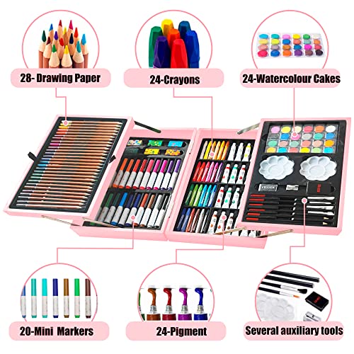 KINSPORY 139 Pack Art Kits, 2 Sketch Books, Deluxe Art Set Crafts, Watercolor Pens, Colored Pencils, Oil Pastels, Paints, Painting Drawing Coloring Gift for Artists Kids Girls (Rose Pink)