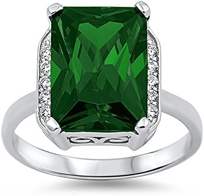 Sterling Silver Large Princess Cut Green Cubic Zirconia &amp; Clear CZ Ring - size 7