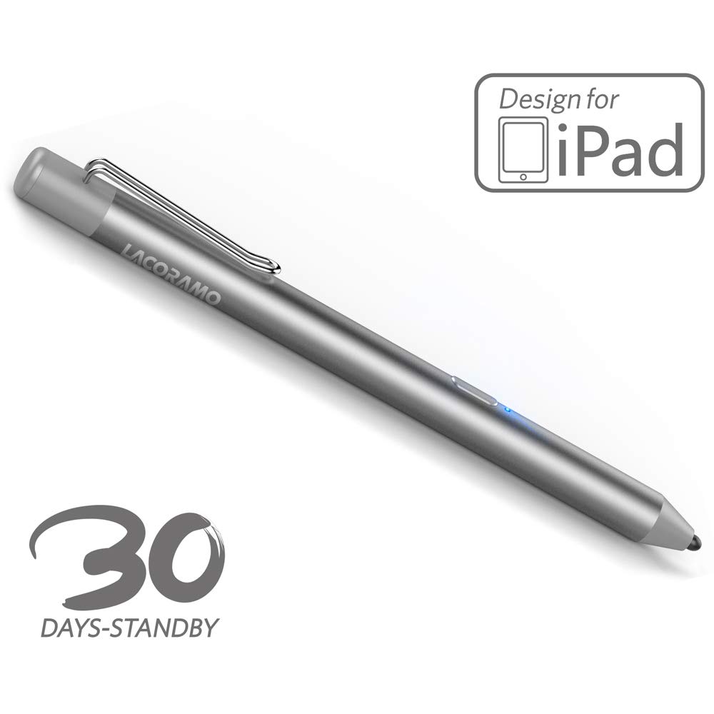 LACORAMO Upgrade Stylus Pen Compatible for iPad Pro/Air/mini Series, 40hrs Working&30days Stand-by, Digital Fine Tip Pencil for Drawing, Not Need Bluetooth Connect, Passed CE Certification (Silver)