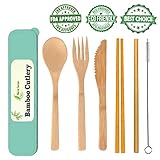 Bamboo Utensils Cutlery Set BEWBOW - Reusable Cutlery Travel Set - Eco-Friendly Wooden Silverware for Kids & Adults - Outdoor Portable Utensils with Case - Bamboo Spoon, Fork, Knife, Brush, Chopsticks