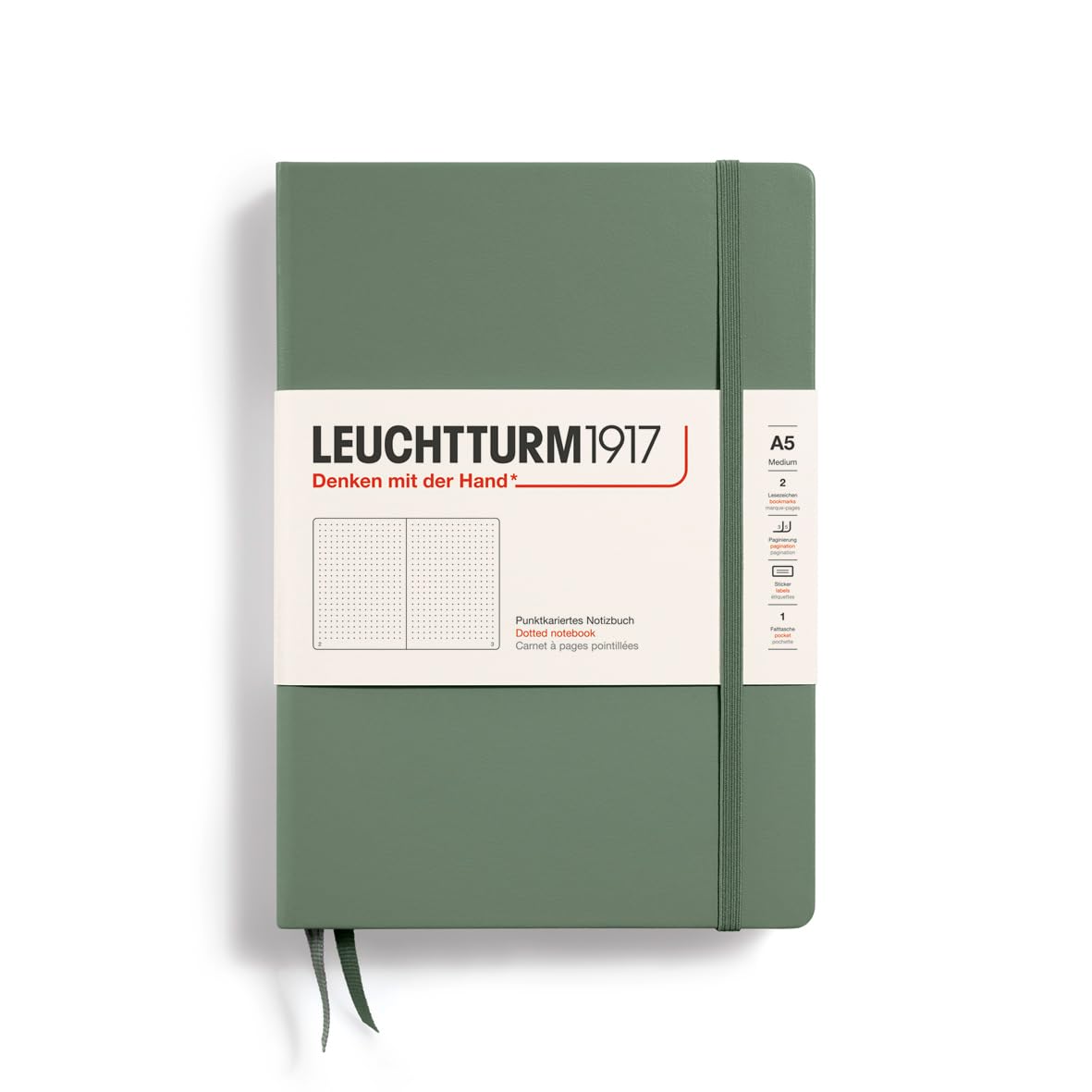 LEUCHTTURM1917 365489 Notebook Medium (A5), Hardcover, 251 Numbered Pages, Olive, Dotted