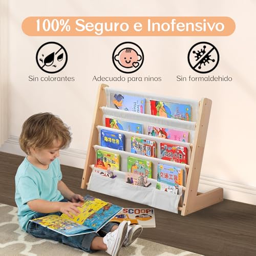 CACSZSOI Librero Montessori Infantil, Estantería de Almacenamiento para Libros de Niños con Múltiples Bolsillos, Muebles Montessori para Niños