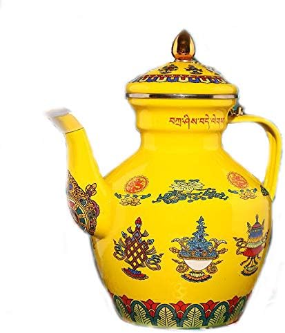 Cheftor 2.5 qt Enameled Steel Tibetan Buddhist Style Tea Coffee Pot Carafe Kettle with 8 Auspicious Tibetan Buddhist Ayurveda Symbols, Yellow