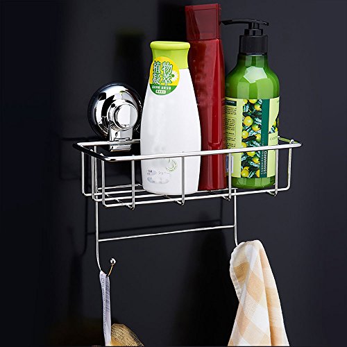 MOVEmen Strong Suction Cup Rack with Hook Kitchen Shower Caddy Suction Polished Stainless Steel Sucker Scrubby Holder Hook Up Shampoo Makeup Tableware Storage Rack Towel Rack Drain Rack