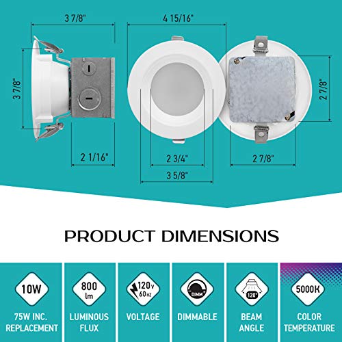 LUXTER (12 Pack) 4 inch LED Ceiling Recessed Downlight With Junction Box, LED Canless Downlight, Baffle Trim, Dimmable, IC Rated, 10W(75Watt Repl) 5000K 750Lm Wet Location ETL and Energy Star Listed