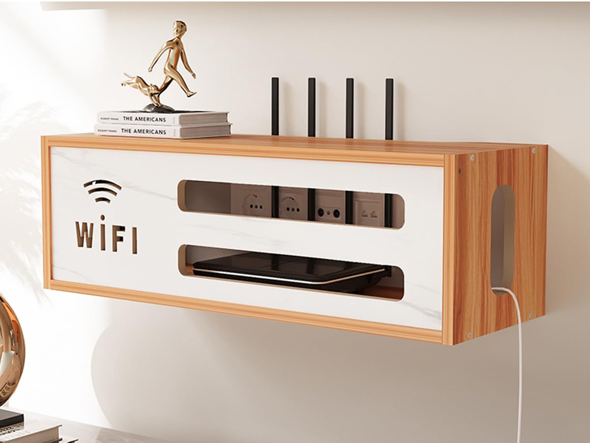 PUIOTEAI Wifi Router Storage Box, Living Room Wall-mounted WiFi Storage Box, Router Shelf, for Storage of Wires, Routers, TV Set-Top Boxes(Brown)