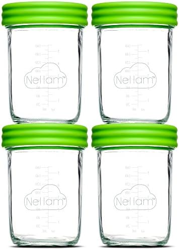 Nellam Baby Food Storage Containers - Leakproof, Airtight, Glass Jars for Freezing & Homemade Babyfood Prep - Reusable, BPA Free, Microwave & Freezer Safe (4x8oz, Green)
