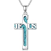 Reaii Natural Turquoise Cross Necklace for Women 925 Sterling Silver Religious Cross Pendant Jesus Necklace Genuine Turquoise Religious Jewelry Gifts for Mom Wife
