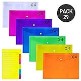 Supla 28 Pcs 7 Colors Poly Envelopes Paper File Document Folders with Snaps Button Closure and 1 Pcs Ruled Note Diveder Sticky Note Tabs with Lines Sticky Page Divider Tabs Bookmark Stick 4