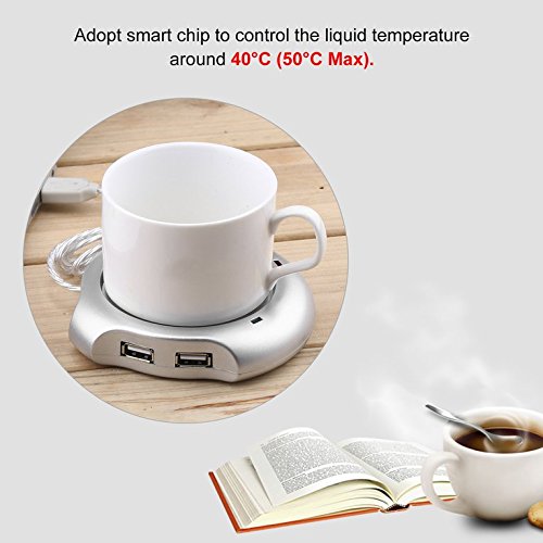 Silver 4 Port USB Hub + Tea Coffee Beverage Cup Electric Warmer