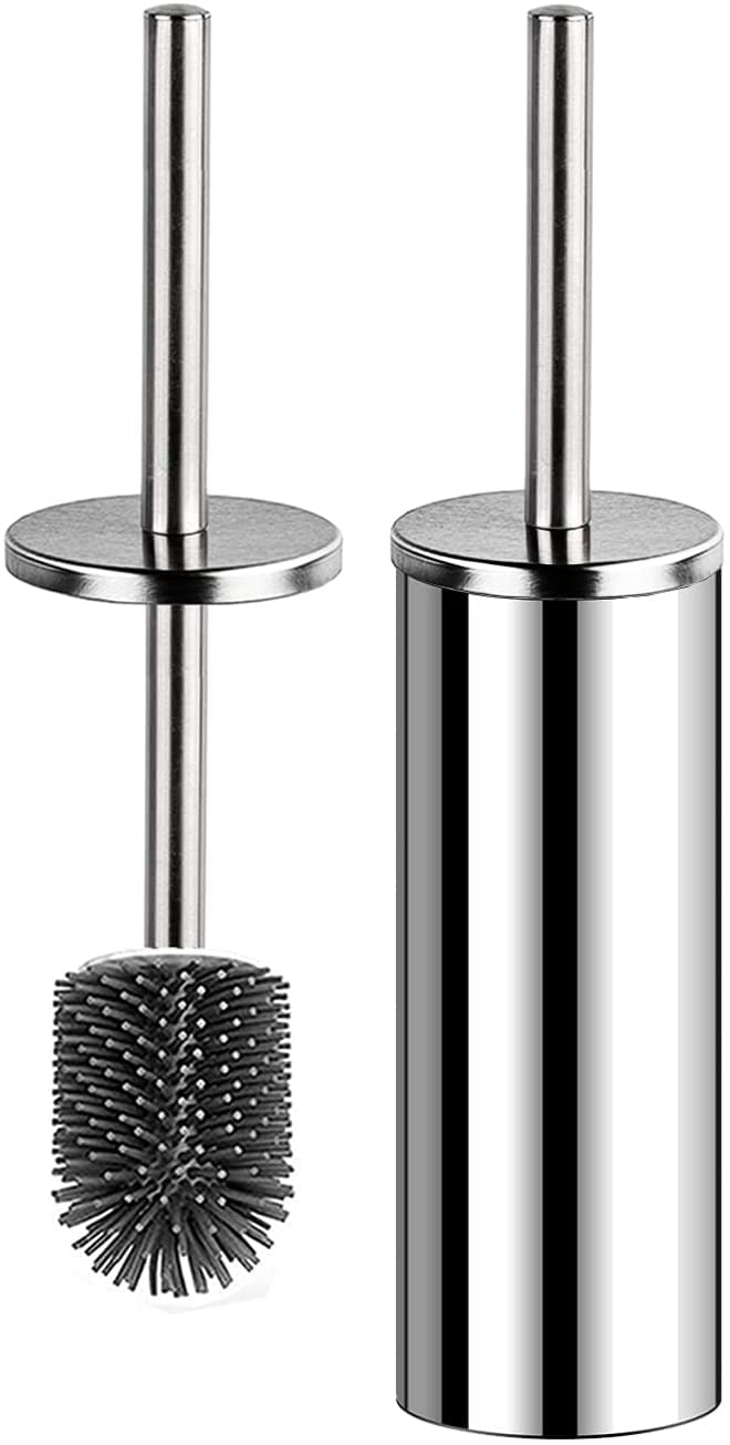 Bingobang Toilet Brush and Holder,Stainless Steel Lid Handle,Silicone Deep Cleaner Toilet Brushes with Quick Drying Holder Set for Bathroom Toilet(Silver)