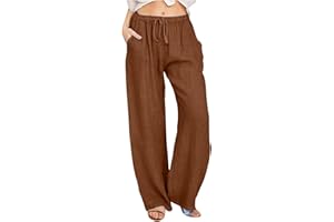 WODCEEKE Linen Pants Women Summer Casual Drawstring Wide Leg Palazzo Pants Elastic Waist Cotton Lounge Trousers with Pockets