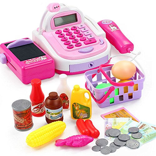 Qiyun Pretend Play Toys Kids Simulation Cash Register Calculator Cashier with Microphone and Sounds Pretend Play Toys