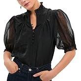 VAOYIU Selena Tshirts for Women Ruffle Collar Puff Sleeve Button Front Blouse Pure Color Elegant Top