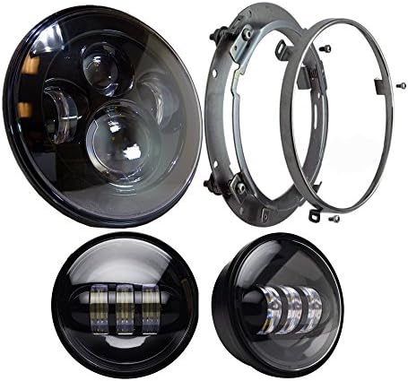 Black Harley Daymaker 7'' High Low Beam LED Headlight with Matching Black 4.5'' LED Passing Lamps for Harley Davidson Motorcycles with Adapter Ring